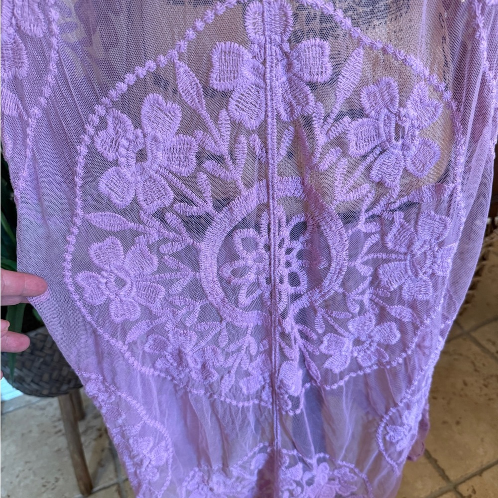 Forgotten Grace Vibrant Lavender Lace Embroidered Floral Sheer Kimono Duster - Picture 9 of 13